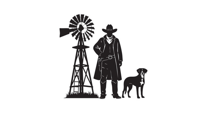 Western gunslinger silhouette posing with hound dog beside water windmill tower for outlaw style rustic country graphics.