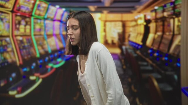 Young woman holding her lower back, grimacing and leaning forward beside glowing slot machines in a casino building; pain.