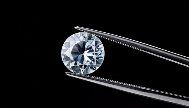 round diamond gemstone held by tweezers on black background for gem valuation jewelry design
