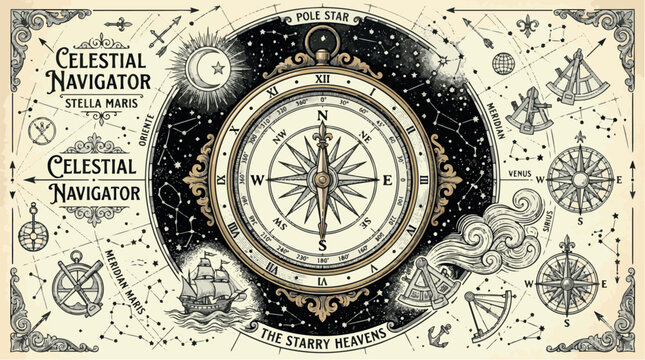 Compass with celestial navigation elements engraving vector