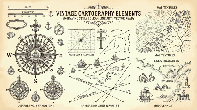 Cartography elements set engraving style vector collection