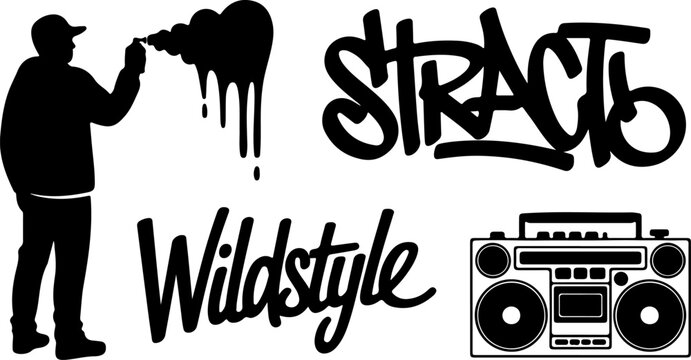Hip Hop Graffiti Street Art Spray Paint Boombox Wildstyle Urban Culture Silhouette Vector Set