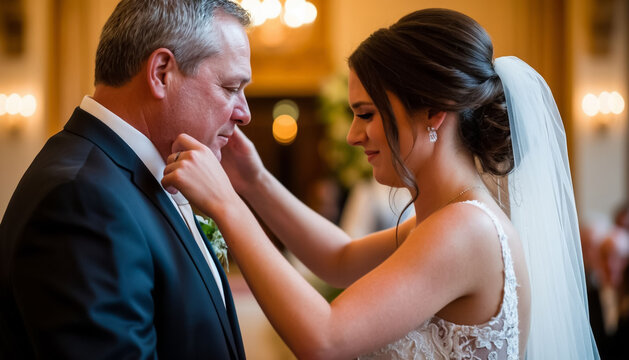 Father and bride with sad expression during wedding ceremony &ndash; family emotions portrait