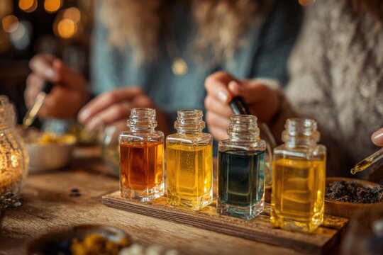 At home, three friends test custom perfume oils emphasizing scent exploration, creative blending activity, and relaxed social interaction