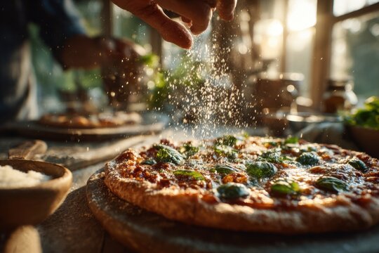 Fresh basil is scattered over steaming pizza by hand emphasizing final garnish detail, aromatic enhancement, and freshly finished meal presentation