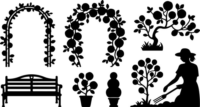 Garden Landscape Rose Arch Bench Gardener Potted Plant Tree Silhouette Vector Set Bundle