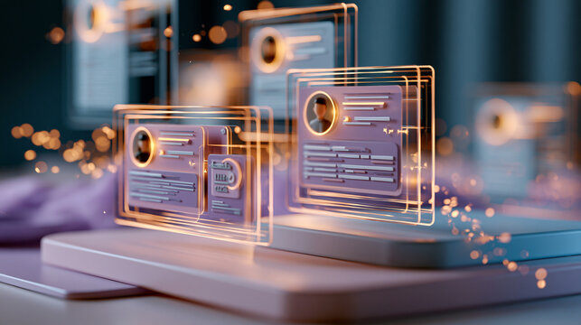 Floating hologram composition of glowing recruitment dashboards with candidate tracking panels and interview scheduling icons above a clean bright pastel platform recruitment
