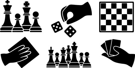 Chess Pieces Board Game Dice Cards Hand Chessboard Silhouette Vector Set Bundle © Tubaart70