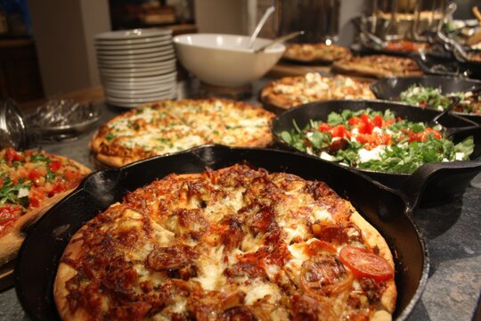 Pizza buffet setup featuring classic, vegan, and gluten free options emphasizing variety of dietary choices