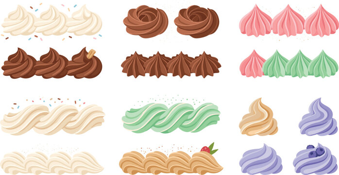 Sweet Whipped Cream and Frosting Swirls Vector Set featuring Chocolate, Vanilla, Strawberry, and Pistachio Cream Piping Borders for Bakery Menus and Dessert Cake Decorations