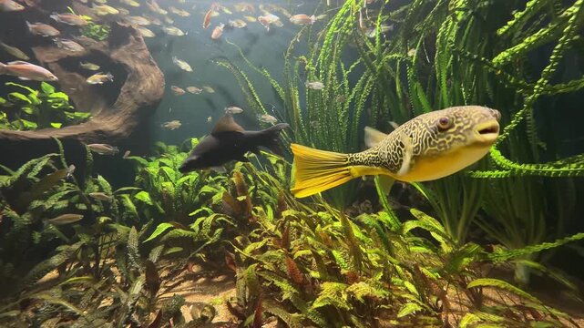 Large pufferfish with yellow tail in aquarium with green plants and other fish