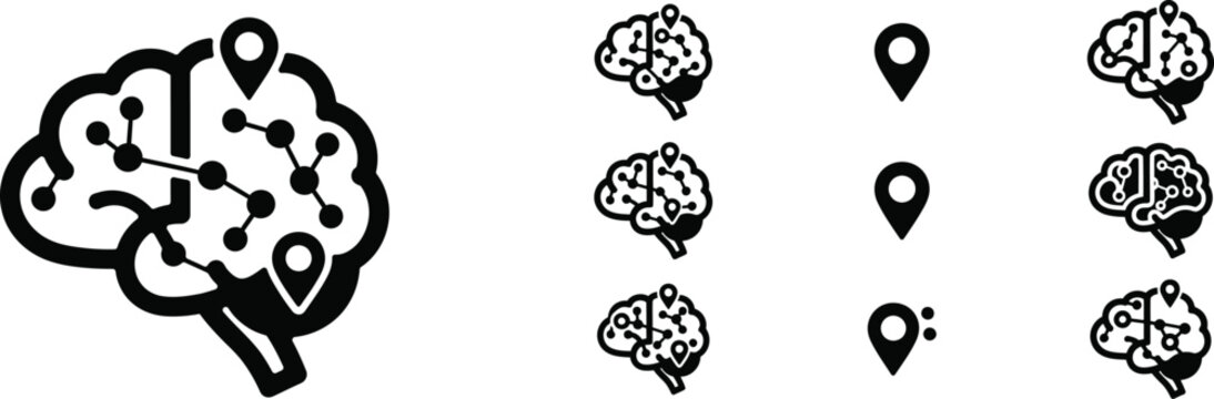 Brain network connection icon set with location pins neural interface illustration