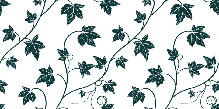 Seamless ivy vine pattern with elegant climbing leaves in decorative botanical style. Nature inspired floral background for wallpaper, fabric, textile, wrapping paper, and surface print design. Hand d