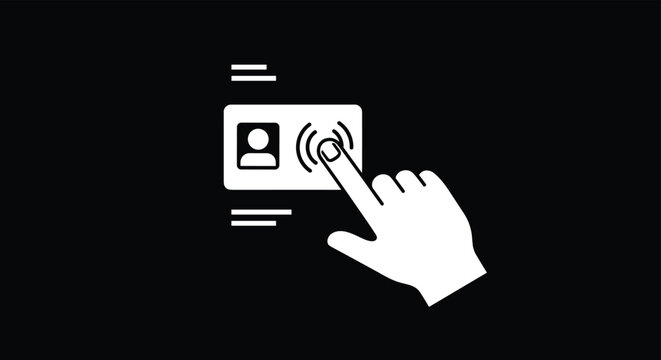Finger touching an identification card with a wireless signal symbol represents contactless access control, security, and digital identity systems.