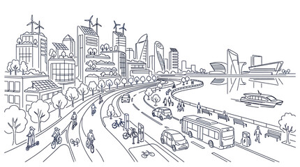 Fototapeta premium Detailed line art illustration of a modern, sustainable city skyline with diverse transportation on a busy waterfront road.