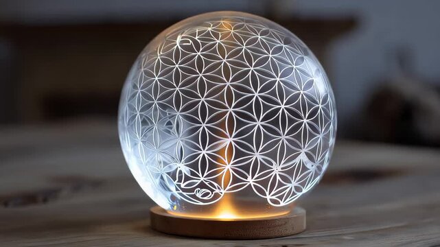 A glass ball containing a glowing light, casting soft reflections on its surface