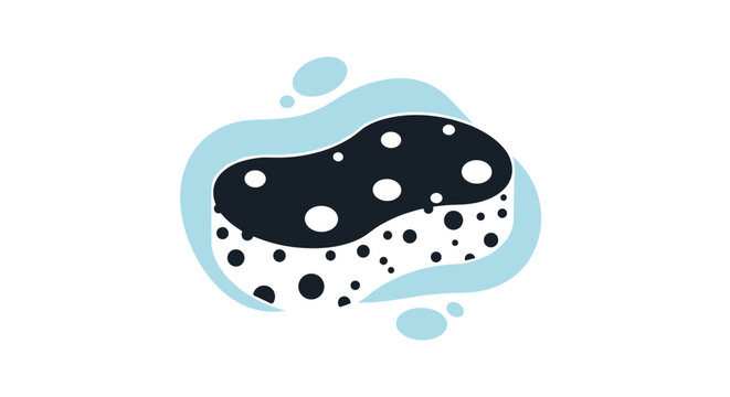 Dark blue and white cleaning sponge surrounded by light blue water bubbles or soap suds for hygiene and chores.