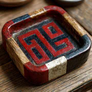 Small square Kamakura-bori carved wooden dish with traditional geometric patterns in red and black. Rustic Japanese lacquerware on a weathered wooden table in natural light