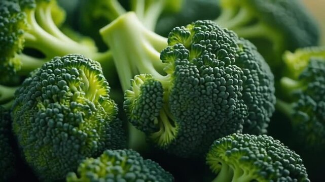 Cinematic rotating macro video of broccoli with vibrant, saturated greens, soft shadows and bright highlights enhancing natural depth, clean bright background