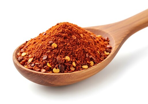 Heap of red chili pepper flakes and powder spice sitting on a rustic wooden spoon for cooking food. aleppo pepper powder