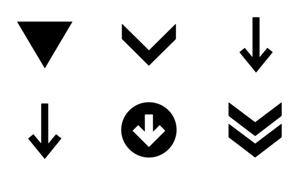 Set of Six Black Downward Arrow Icons, Simple Vector Symbols for Download, Direction, and Navigation Cues