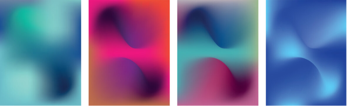 A set of four vibrant abstract background images showcasing fluid gradient shapes in a variety of striking color combinations including pink purple orange blue and green.