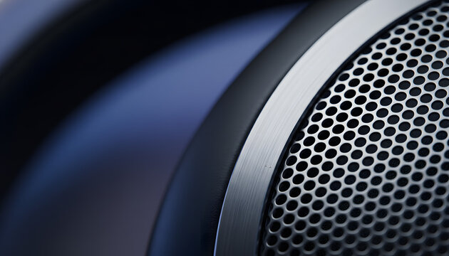 Extreme macro of precision engineered metallic mesh and brushed rim on professional high fidelity headphones with copy space for text