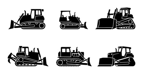 Bulldozer Vector Icons Set, Heavy Construction Machinery Silhouettes, Earthmoving Equipment Illustrations for Industry and Building Projects © Jebun