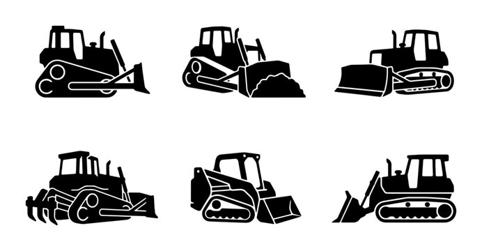 Bulldozer Icons Set, Heavy Machinery Vector Graphics, Construction Equipment Silhouettes, Earth Mover Machine Illustrations