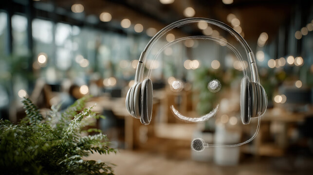 Customer Service Icon in Office: A welcoming customer service icon hovers invitingly in an office environment, set against a backdrop of teamwork and focused activity.