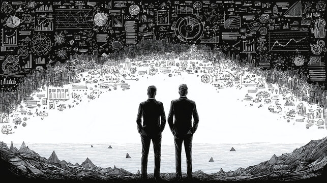 Visionary Insight: Two figures stand poised on the cusp of an intellectual epiphany, a torrent of ideas and data cascading around them, symbolizing the dynamic world of business acumen.