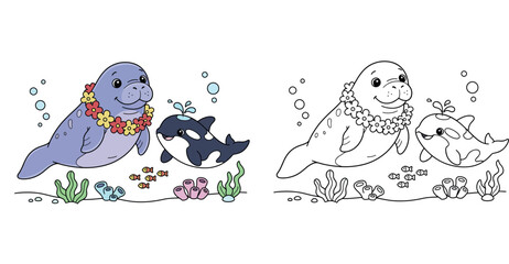 Cute Cartoon Manatee with Flower Lei and Baby Orca Swimming Together, Happy Marine Animal Friends Illustration © Dewan