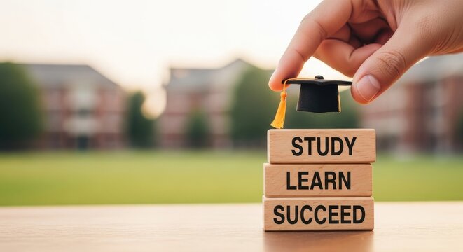 Educational success concept with hand placing graduation cap on wooden blocks stacked with study learn succeed words.