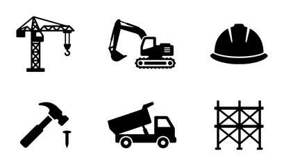 Construction Icons Set: Crane, Excavator, Hard Hat, Hammer, Dump Truck, Scaffolding, Industrial Equipment Vector Graphics © Jebun