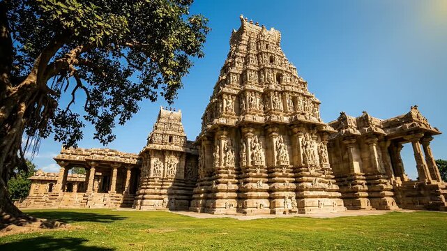 Ancient Indian Hindu Temple Complex with Tall Ornate Dravidian Towers and Lush Surroundings