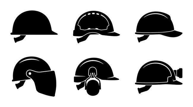 Industrial Safety Helmets Collection, Hard Hat Icons Set, Protective Headwear Vector Graphics, Construction Worker Gear