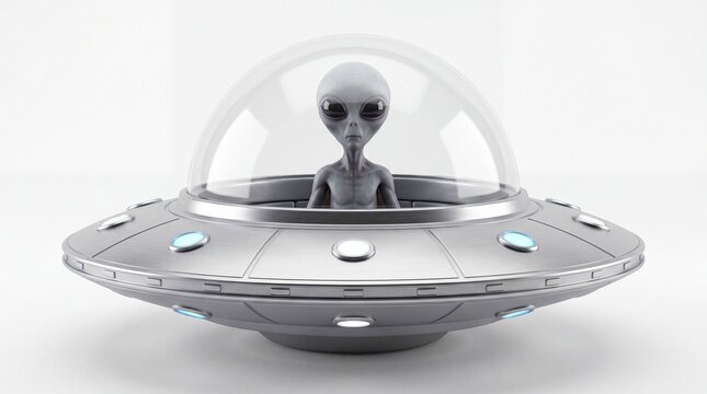 Grey alien sitting inside a metallic flying saucer spaceship craft floating isolated on white background