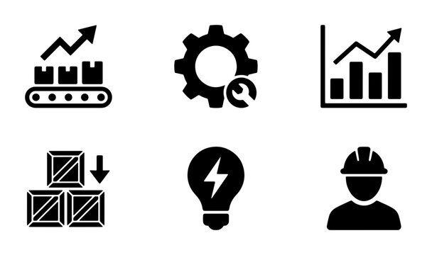 Industrial Icons Set: Production, Logistics, Engineering, Innovation, and Workforce Symbols. Vector Graphics for Manufacturing and Business Concepts.