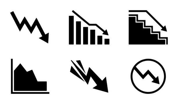 Set of 6 Black Downward Trend Icons, Representing Decline, Loss, and Negative Growth Charts, Business Analytics Symbols