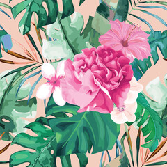 Tropical seamless pattern with palm leaves and peony. Summer jungle background. Vintage vector illustration. Rainforest hawaiian landscape © natikka