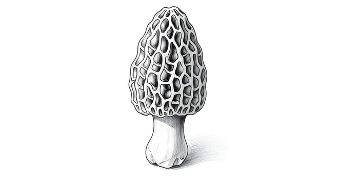 A large morel mushroom grows in a shaded forest environment with a textured surface