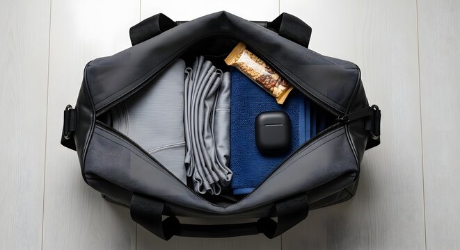 Overhead view of an open gray gym bag with organized fitness essentials for workout.