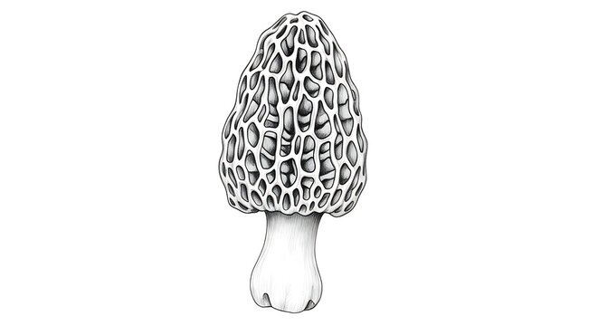 An illustration of a morel mushroom grows in the forest ground