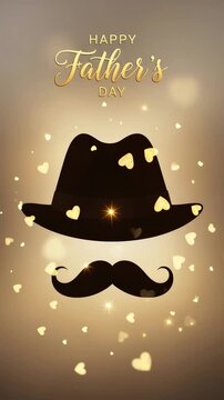 Elegant fathers day greeting with a hat and curled mustache silhouette, golden floating hearts and sparkles drifting across warm triptych panels