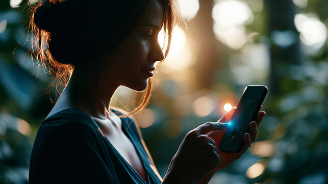 Cinematic side view silhouette of a figure holding a smartphone with a glowing location pin app on the bright screen against a bright softly defocused nature backdrop navigation