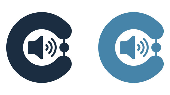 Pair of stylized ear and speaker icons with sound waves representing audio listening communication hearing