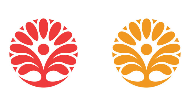 Two circular stylized icons with a human figure integrated into a blooming floral or tree-like structure