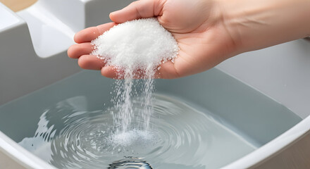 Fototapeta premium A hand squeezing a wet sponge over a sink filled with water