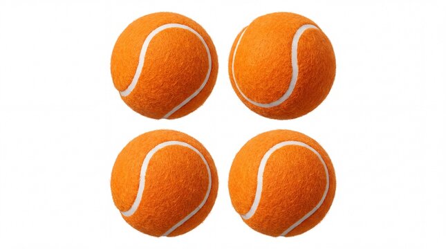 Four bright orange tennis balls arranged in a square pattern displayed isolated on white background