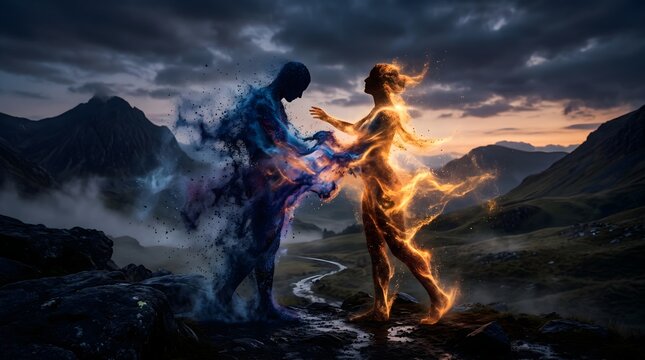 Mystical hug of two soul figures made of fire and blue energy in ancient stone ruins.